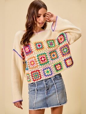 SO ME Multi Color Granny Crochet Lace Sweater Top
